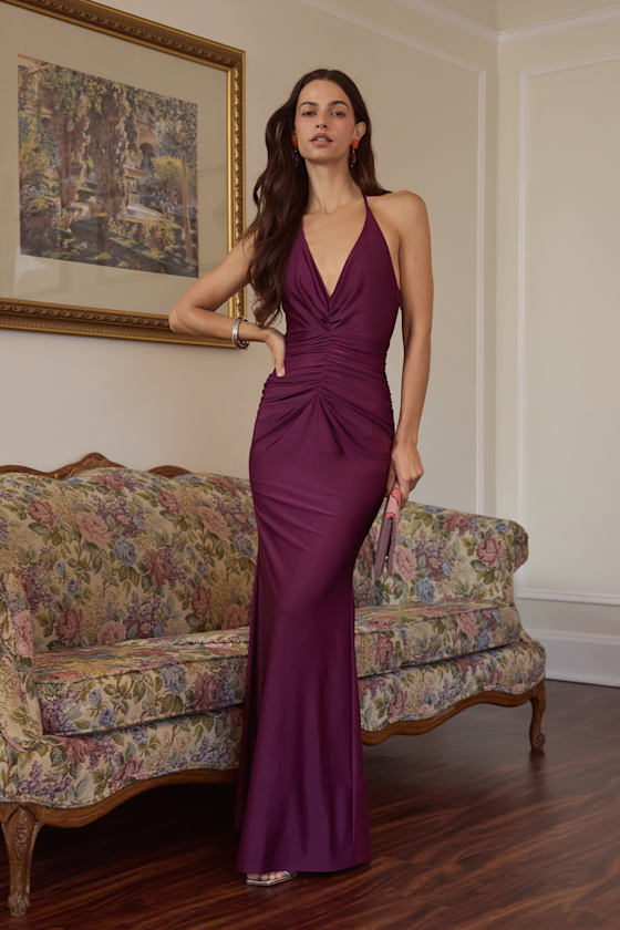 Zaniya Plum Ruched Halter Maxi Dress