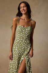 Party in Paris Sage Green Print Tie-Strap Midi Dress