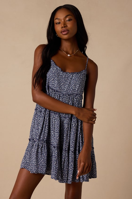 Sitting in the Sun Navy Blue Floral Print Ruffled Babydoll Dress