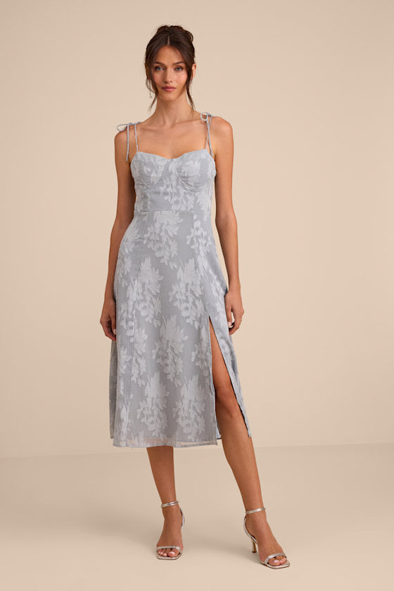 Loveliest Looks Dusty Blue Floral Jacquard Tie-Strap Midi Dress
