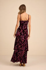 I Love You Amore Plum Purple Floral Velvet Tiered Maxi Dress