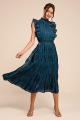 Take a Glance Emerald Green Tiered Mock Neck Midi Dress