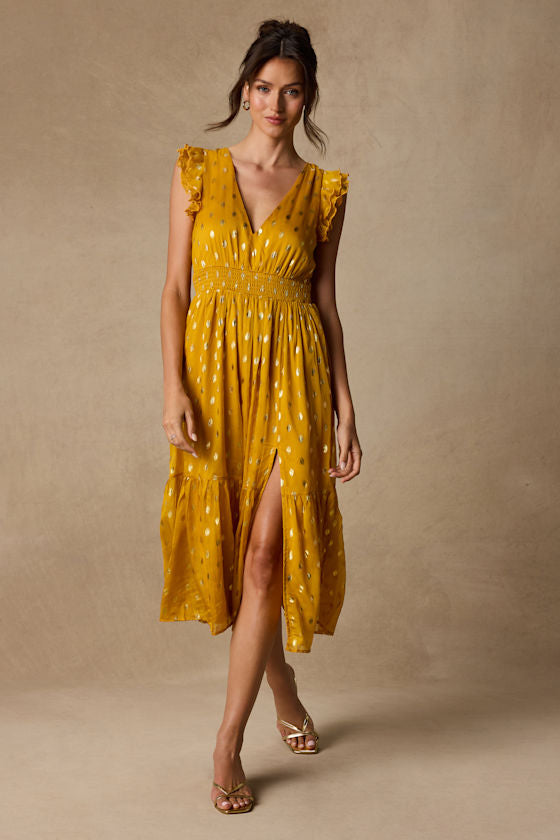 Cause to Celebrate Yellow and Gold Dot Ruffled Tiered Midi Dress