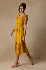 Cause to Celebrate Yellow and Gold Dot Ruffled Tiered Midi Dress