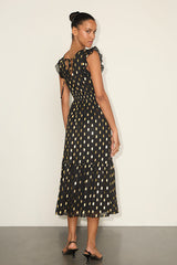 Cause to Celebrate Black and Gold Dot Ruffled Tiered Midi Dress