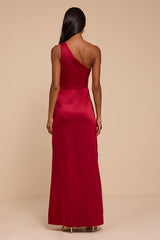 Dreaming of Elegance Wine Red Satin One-Shoulder Maxi Dress