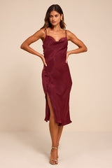 Slinking Out Loud Burgundy Satin Side Button Slip Dress