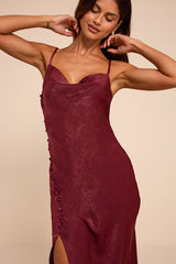 Slinking Out Loud Burgundy Satin Side Button Slip Dress