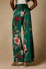 Thriving Vibes Green Floral Print Satin Wide-Leg Pants