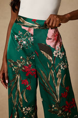 Thriving Vibes Green Floral Print Satin Wide-Leg Pants
