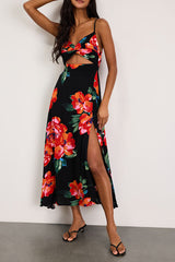 Tropical Blooms Black Floral Print Tie-Back Cutout Dress