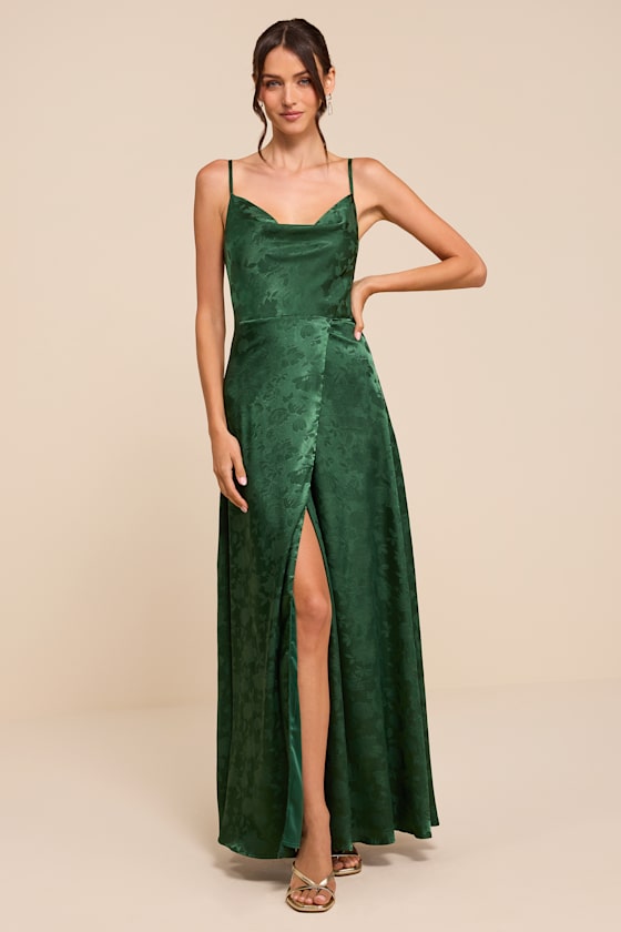 Simply Dreamy Emerald Green Satin Floral Jacquard Maxi Dress