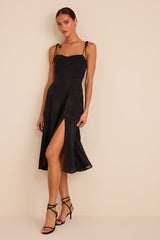 Loveliest Looks Black Floral Jacquard Tie-Strap Midi Dress