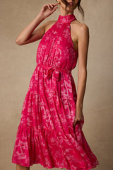 Float to You Hot Pink Floral Print Halter-Neck Tiered Midi Dress