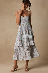 Cascading Crush Pale Blue Floral Print Tiered Bustier Midi Dress