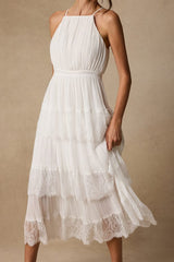 Came For Cocktails White Pleated Tiered Lace Maxi Dress