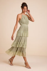 Came For Cocktails Sage Green Pleated Tiered Lace Maxi Dress