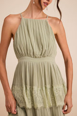 Came For Cocktails Sage Green Pleated Tiered Lace Maxi Dress