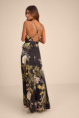 Still the One Black Floral Print Satin Maxi Dress
