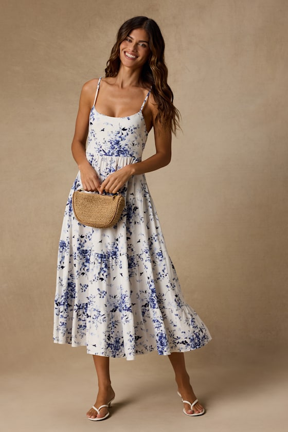 Mykonos Mood Ivory Floral Print Tie-Strap Tiered Midi Dress