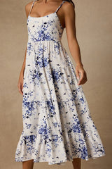 Mykonos Mood Ivory Floral Print Tie-Strap Tiered Midi Dress
