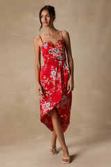 My Favorite Day Red Floral Print Tulip Skirt Midi Dress