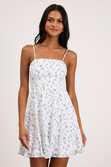 So Effortless White Floral Print Swiss Dot Tie-Back Mini Dress