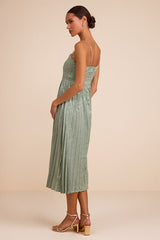 Regal Romance Sage Floral Jacquard Pleated Satin Midi Dress