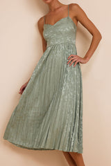Regal Romance Sage Floral Jacquard Pleated Satin Midi Dress