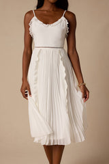 Never a Dull Moment White Tie-Strap Pleated Midi Dress