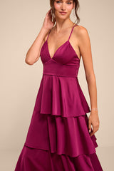 Going with Elegance Plum Purple Satin Tiered Gown
