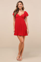 Amalfi Coast Wine Red Pleated Flutter Sleeve Mini Dress