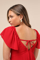 Amalfi Coast Wine Red Pleated Flutter Sleeve Mini Dress