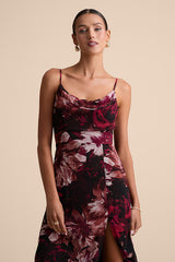 Flowery Passion Burgundy Floral Print Cowl Neck Midi Dress