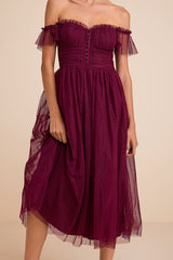 Regal Radiance Burgundy Tulle Bustier Midi Dress