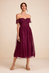 Regal Radiance Burgundy Tulle Bustier Midi Dress