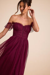 Regal Radiance Burgundy Tulle Bustier Midi Dress