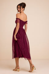 Regal Radiance Burgundy Tulle Bustier Midi Dress