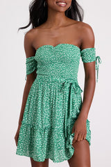 Sweetest Feelings Green Floral Off-the-Shoulder Mini Dress