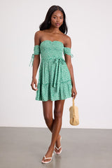 Sweetest Feelings Green Floral Off-the-Shoulder Mini Dress