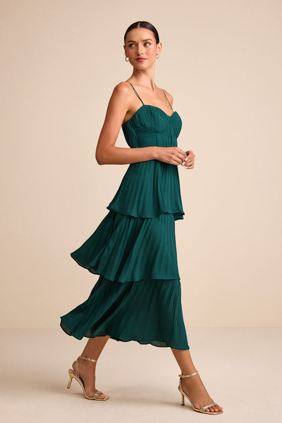 Cascading Crush Emerald Tiered Bustier Midi Dress