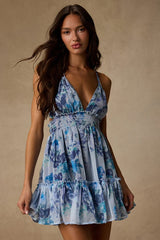 Signature Sweetie Light Blue Floral Smocked Tie-Back Mini Dress