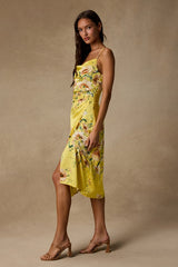 Sunny Blossom Yellow Floral Print Satin Cowl Neck Midi Dress