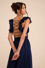 Soiree Celebration Navy Blue Ruffled Lace-Up Maxi Dress