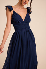 Soiree Celebration Navy Blue Ruffled Lace-Up Maxi Dress