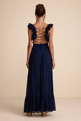 Soiree Celebration Navy Blue Ruffled Lace-Up Maxi Dress