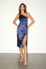 Desirable Dream Navy Blue Satin Jacquard Halter Neck Midi Dress