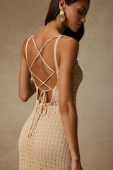 Ventura Vision Beige Crochet Lace-Up Midi Dress