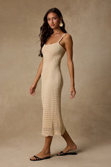 Ventura Vision Beige Crochet Lace-Up Midi Dress