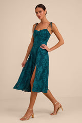 Loveliest Looks Emerald Green Jacquard Tie-Strap Midi Dress